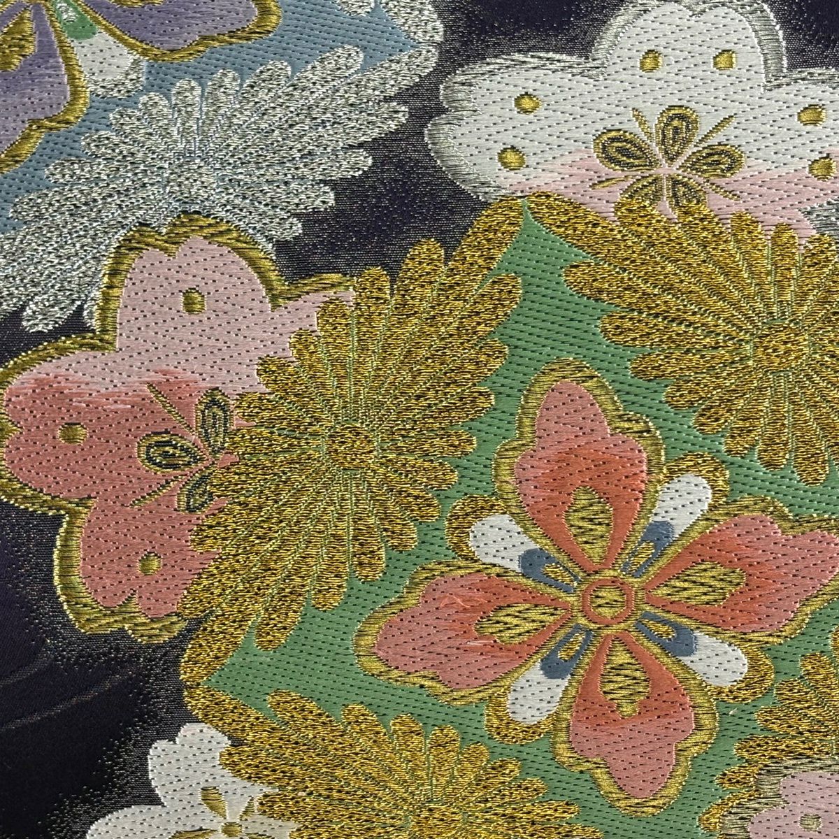 【美品】 袋帶 秀品級櫻花 七寶 金銀線 金金箔 深紫 六通 純蠶絲
