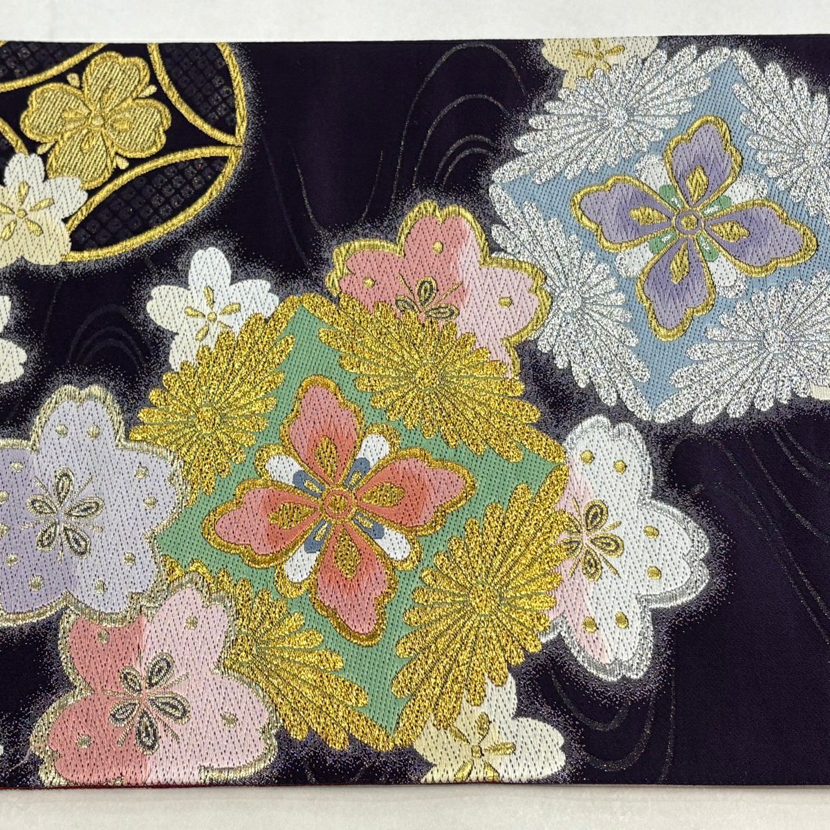 【美品】 袋帶 秀品級櫻花 七寶 金銀線 金金箔 深紫 六通 純蠶絲