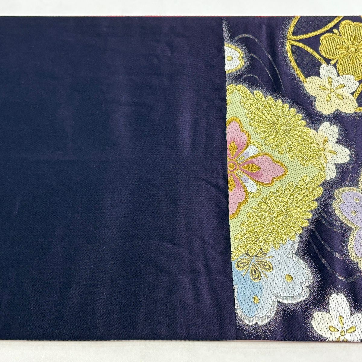 【美品】 袋帶 秀品級櫻花 七寶 金銀線 金金箔 深紫 六通 純蠶絲