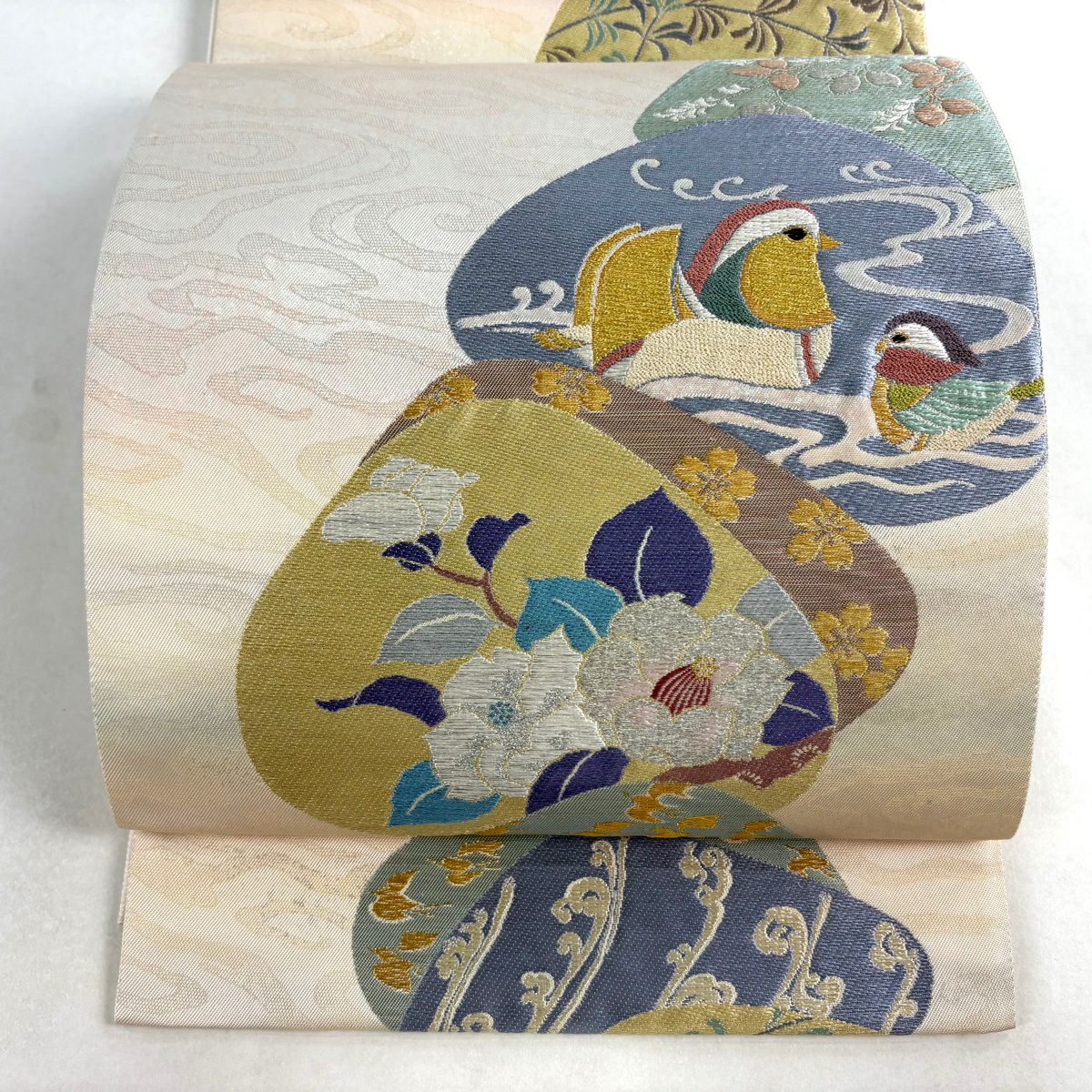 【美品】 袋帶 秀品級 鴛鴦 貝合 金銀絲 金金箔 米色 大鼓圖案 純蠶絲