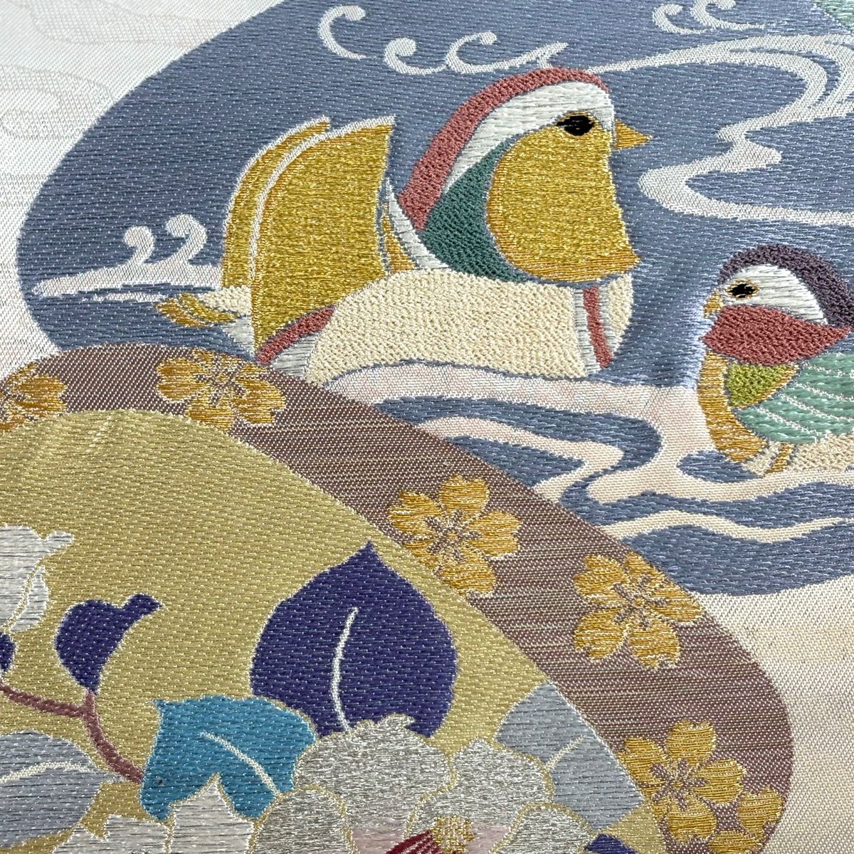 【美品】 袋帶 秀品級 鴛鴦 貝合 金銀絲 金金箔 米色 大鼓圖案 純蠶絲