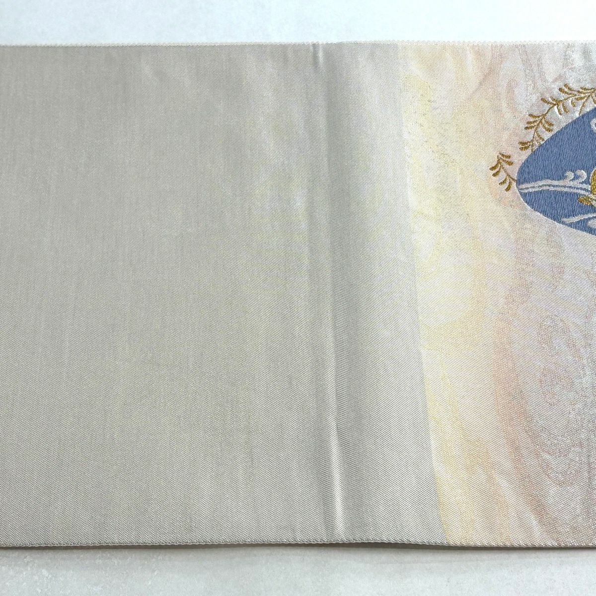 【美品】 袋帶 秀品級 鴛鴦 貝合 金銀絲 金金箔 米色 大鼓圖案 純蠶絲