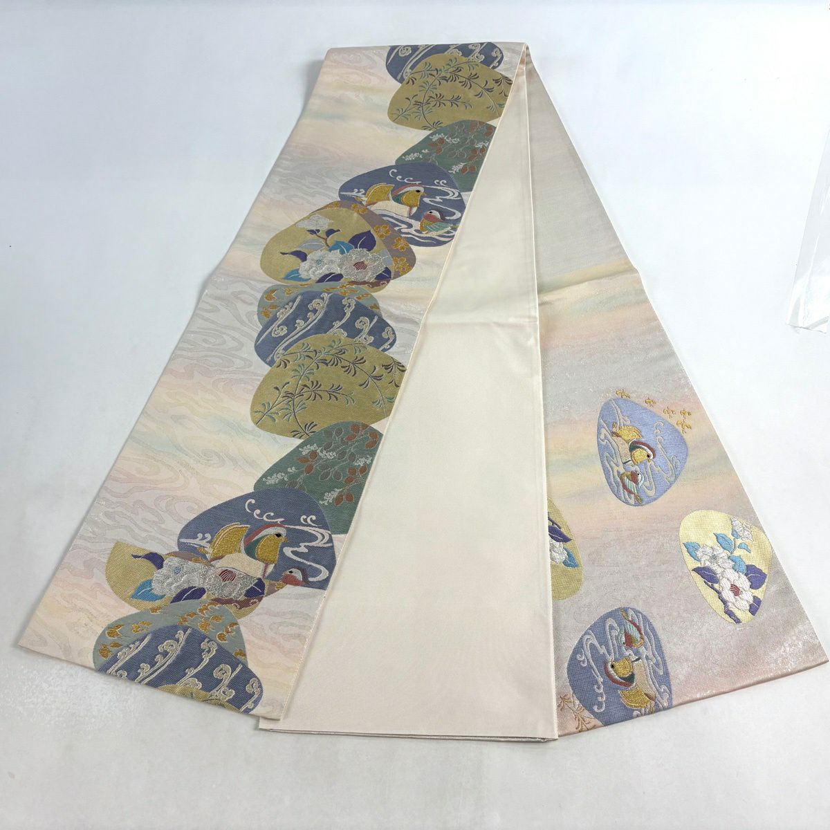 【美品】 袋帶 秀品級 鴛鴦 貝合 金銀絲 金金箔 米色 大鼓圖案 純蠶絲
