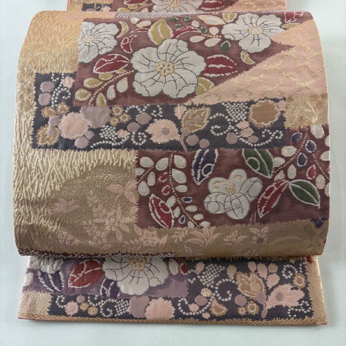 【美品】 袋帶 秀品級 關西仕立 草花紋紋 金糸 金金箔 粉紅 六通 純蠶絲