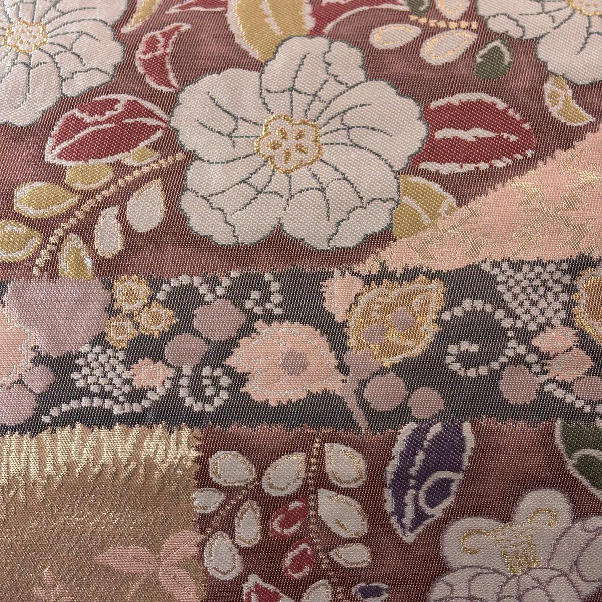 【美品】 袋帶 秀品級 關西仕立 草花紋紋 金糸 金金箔 粉紅 六通 純蠶絲