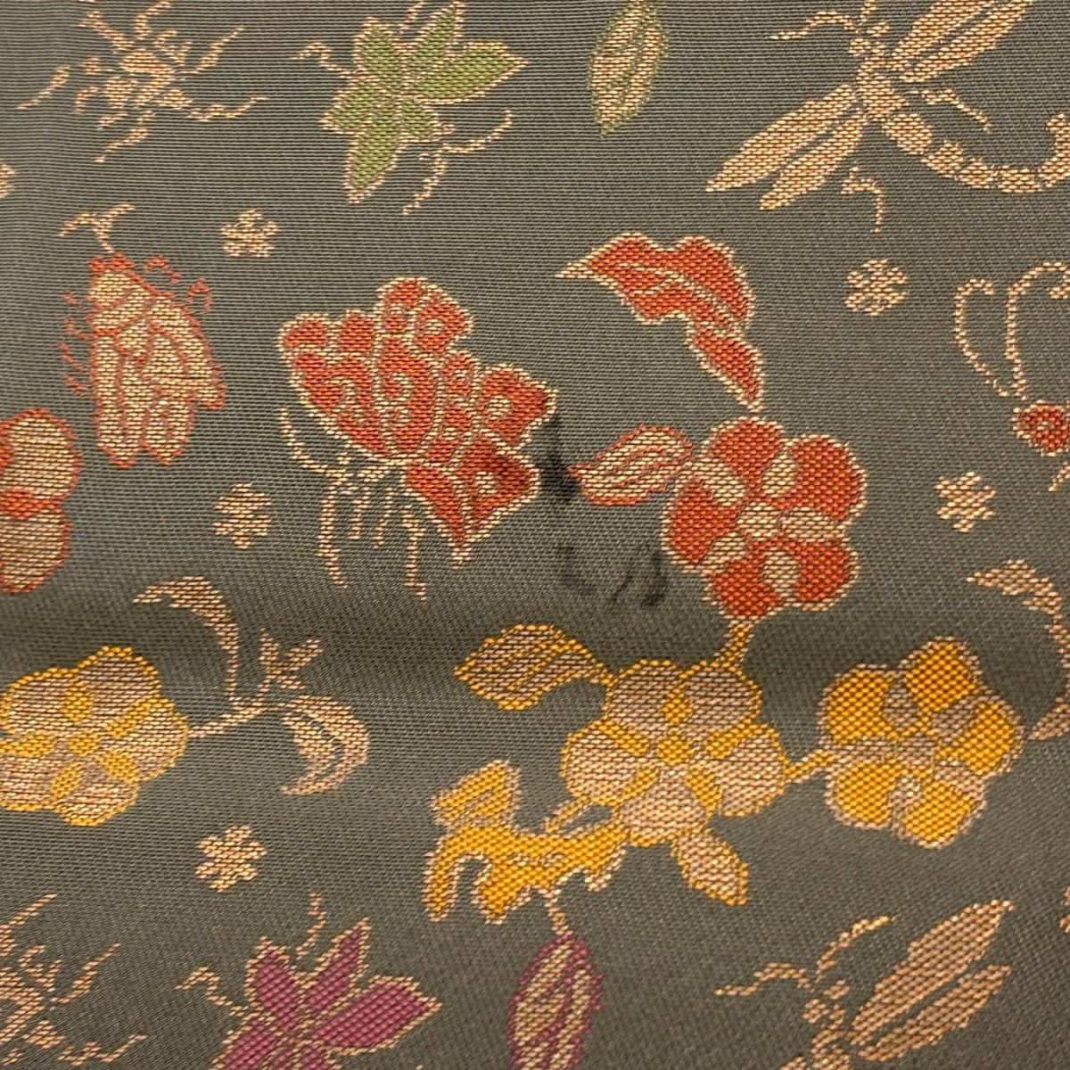 袋帶 秀品級 有落款 粗糙 草花紋紋 昆蟲 金金箔 灰綠 六通 純蠶絲