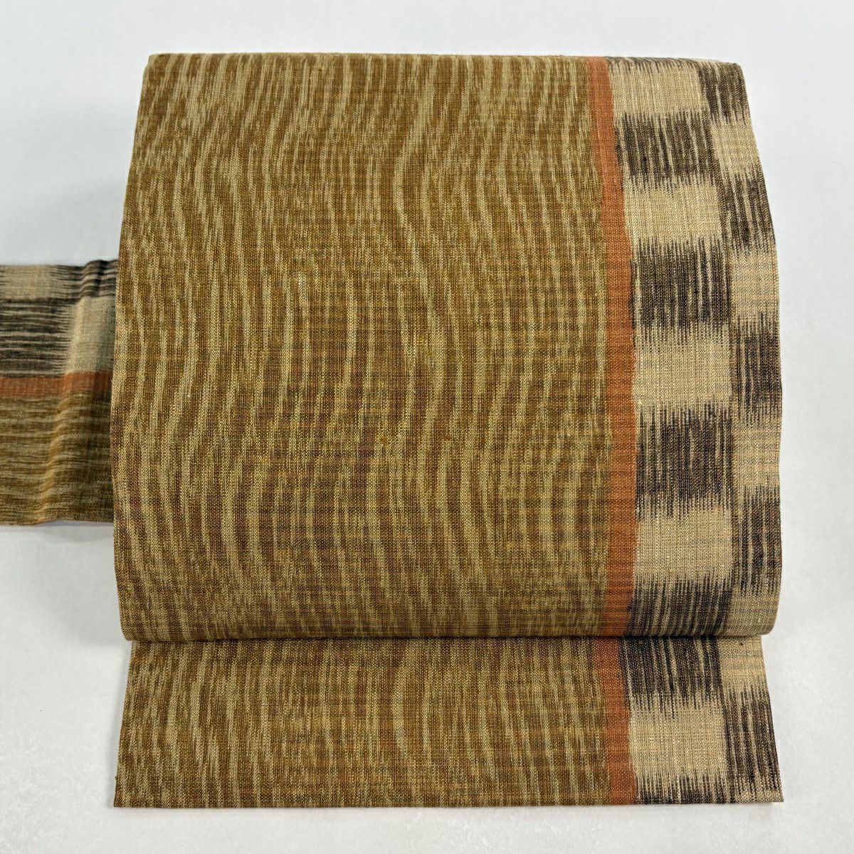 【美品】名古屋帶 秀品級 市松樹 よろけ縞 金糸 茶 純蠶絲