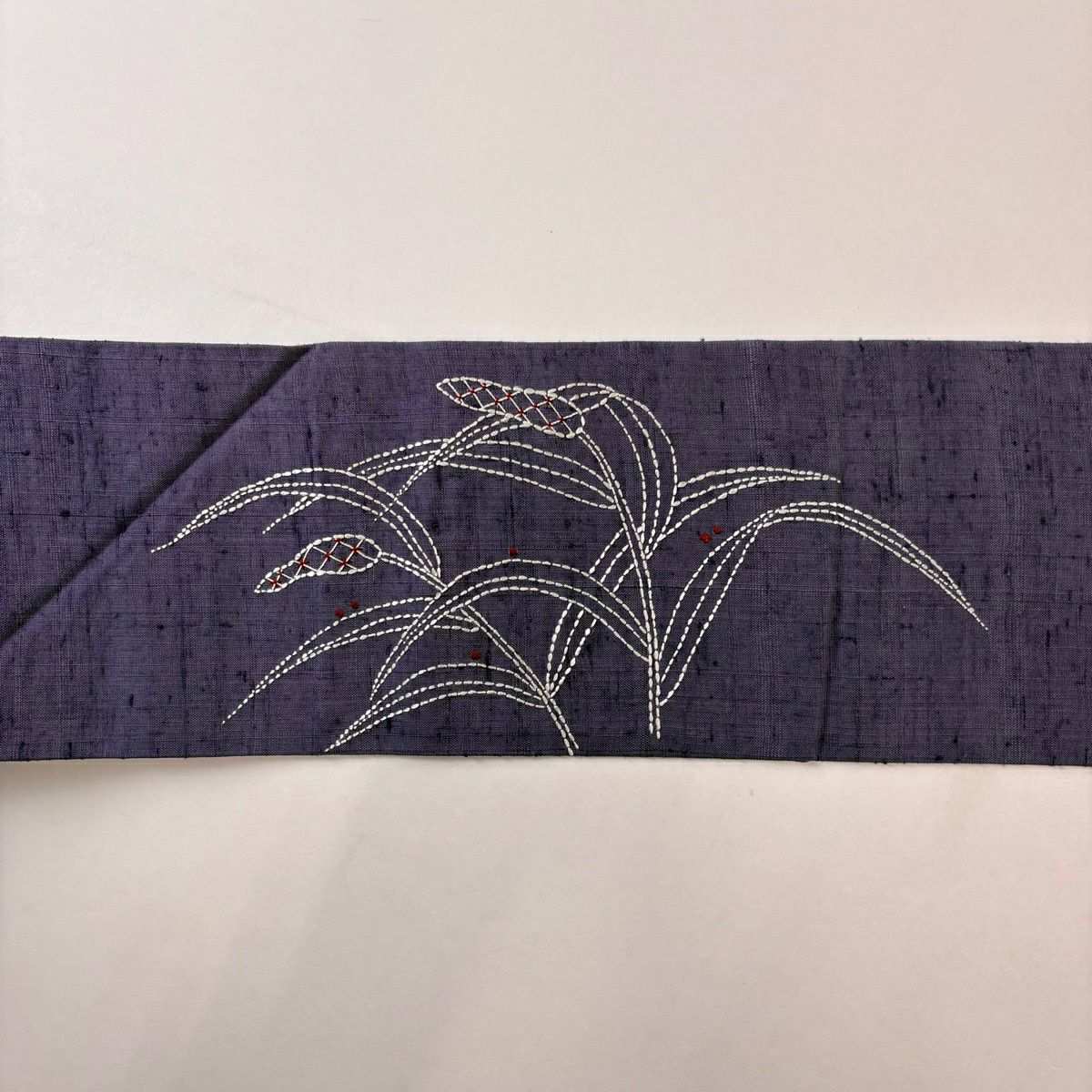 名古屋帶 秀品級 紬織織 葉 刺繡 灰紫 純蠶絲