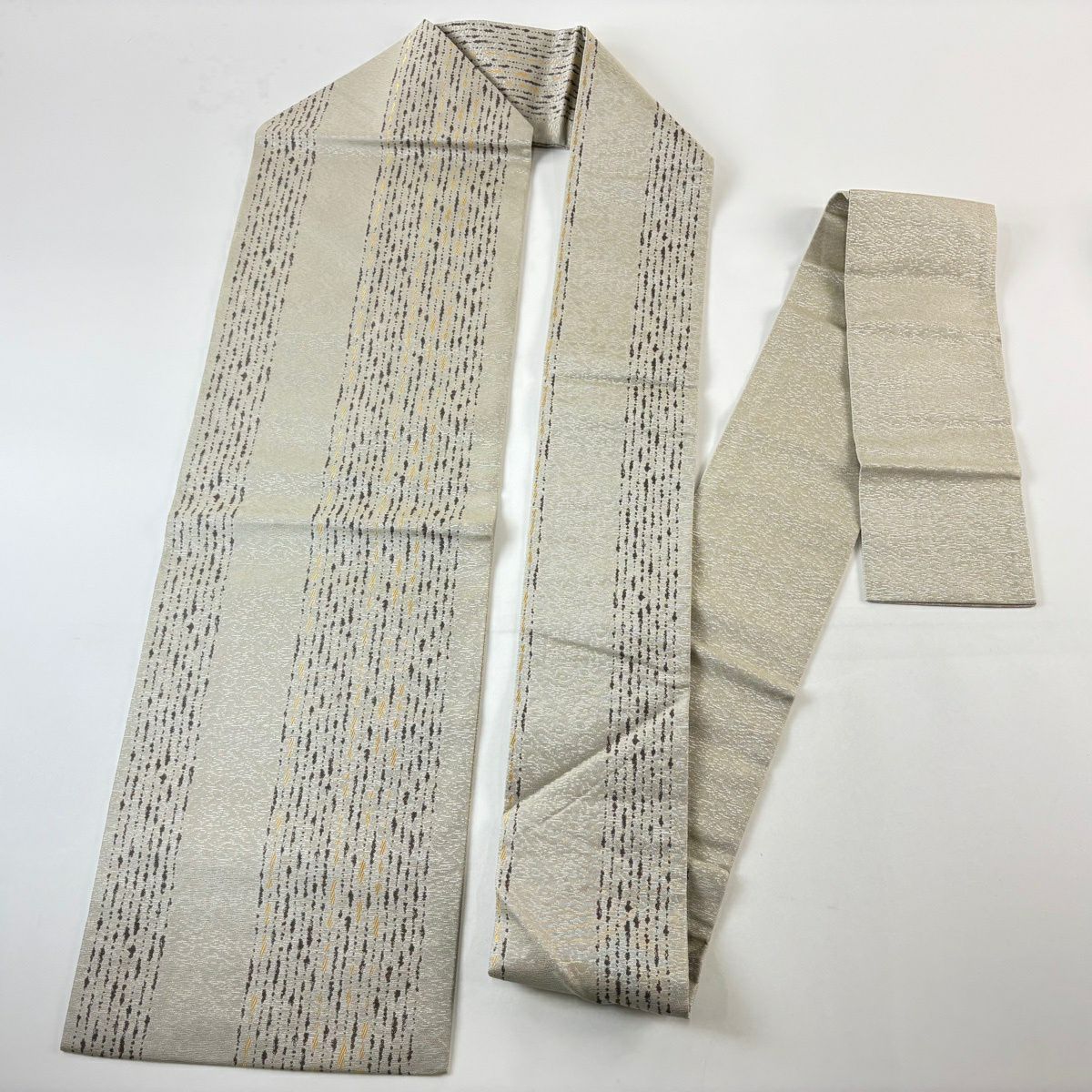 【美品】名古屋帶 秀品級 條紋 幾何圖形 灰茶 純蠶絲