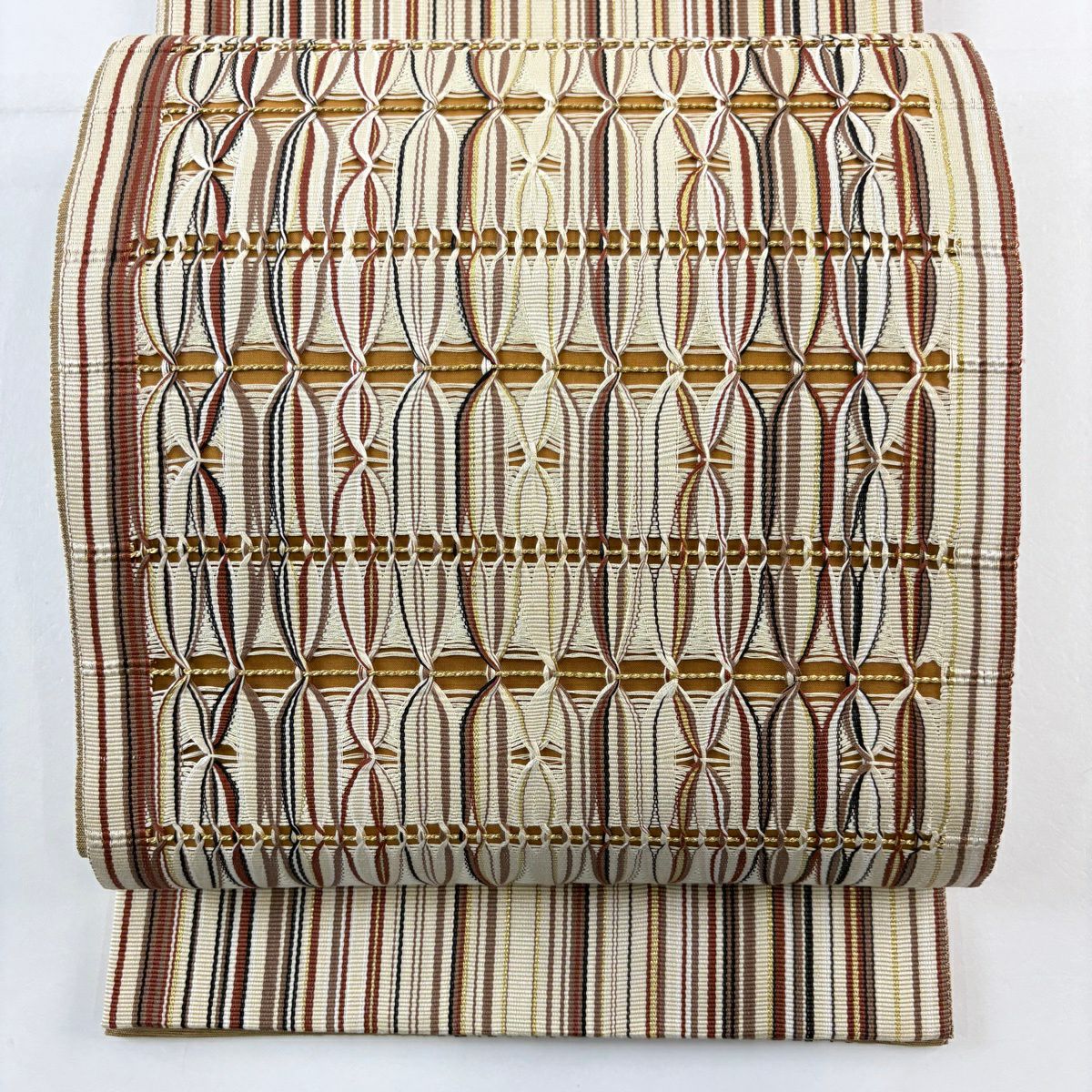 【美品】 袋帶 秀品級 條紋 幾何學 金絲 米色 大鼓圖案 純蠶絲