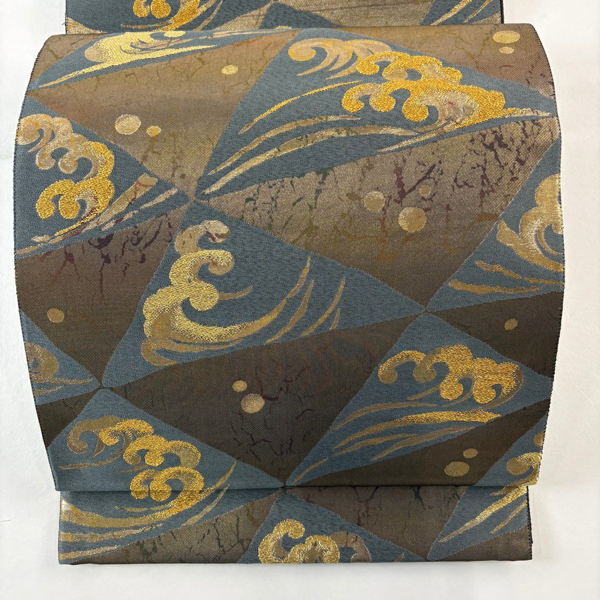 【美品】 袋帶 秀品級 波頭 幾何學 金絲 金金箔 金茶 六通 純蠶絲