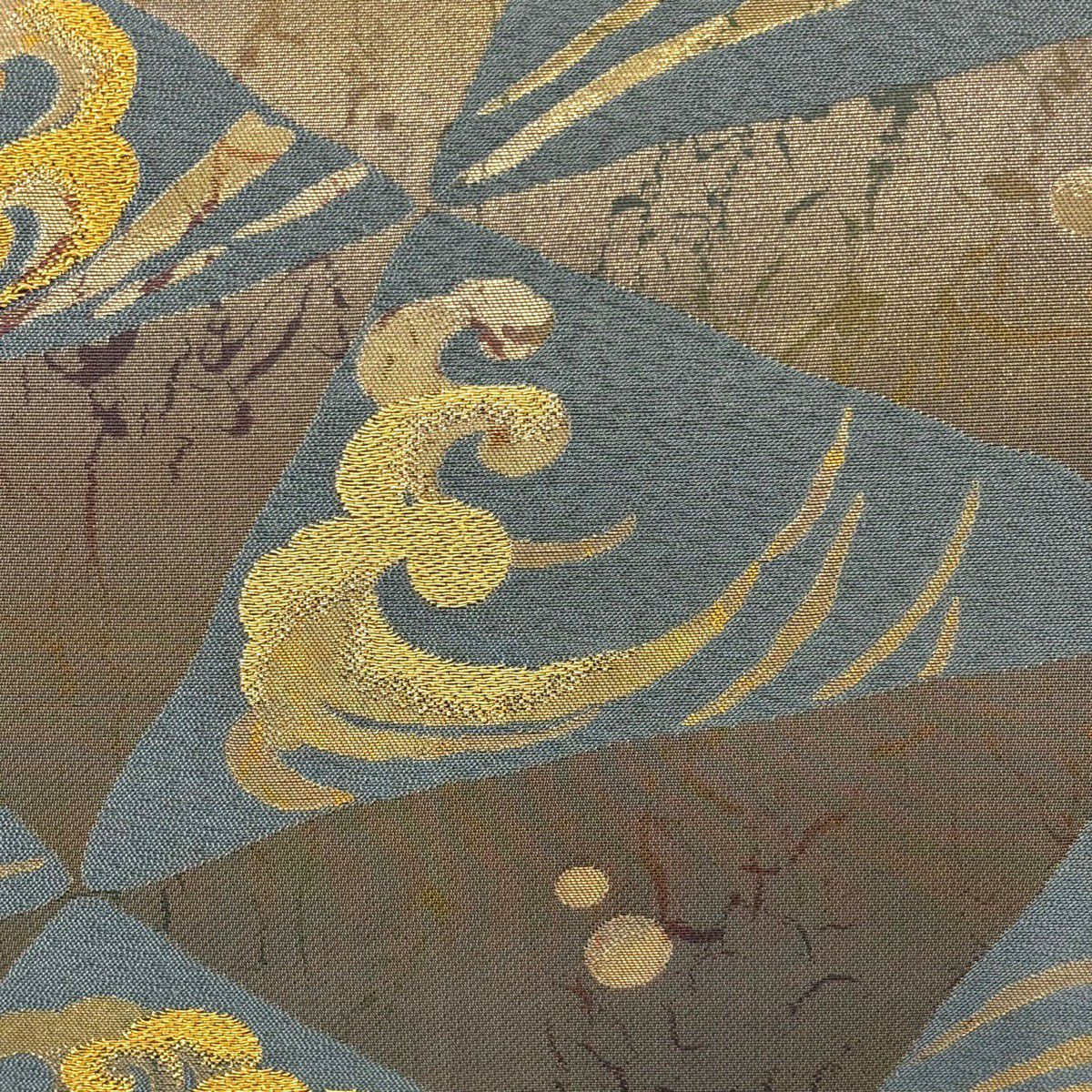 【美品】 袋帶 秀品級 波頭 幾何學 金絲 金金箔 金茶 六通 純蠶絲