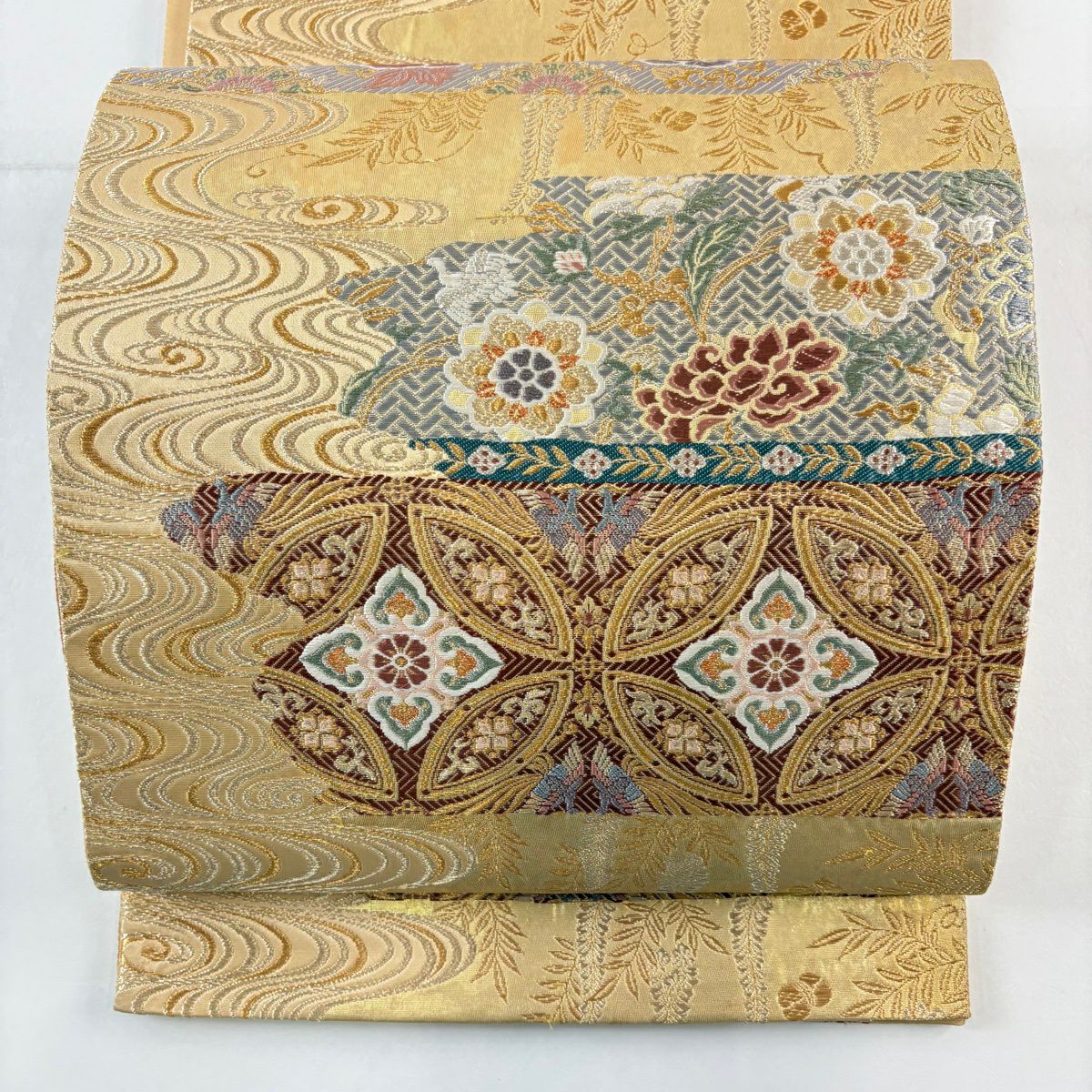 【美品】 袋帶 秀品級 華紋 流水 金銀線 金金箔 金色 六通 純蠶絲