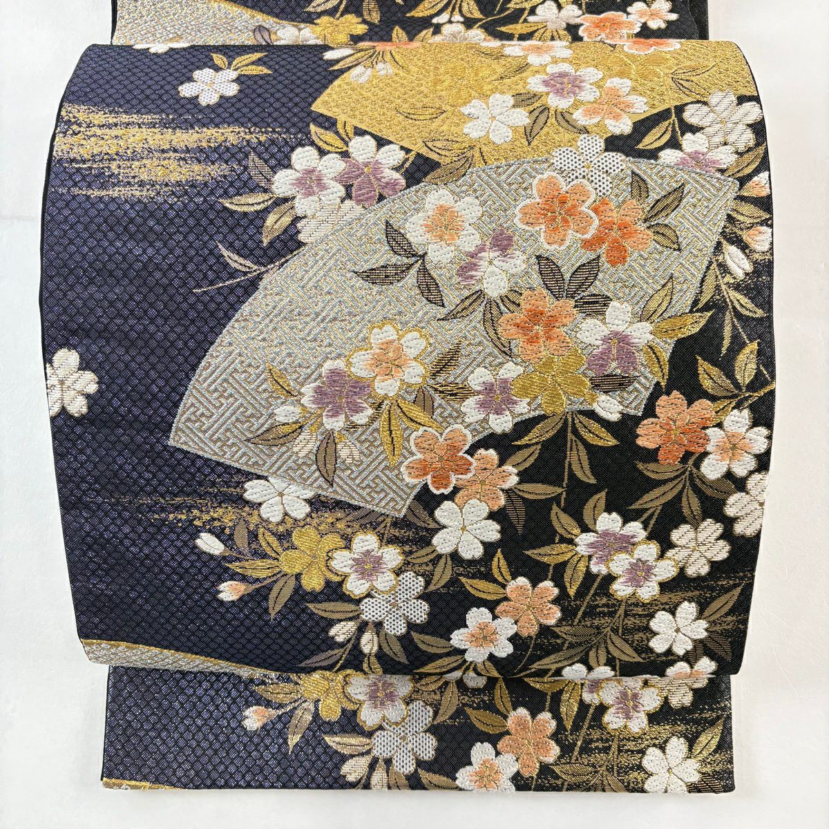 【美品】 袋帶 秀品級 扇子面 櫻花 刺繡 金銀彩 紫 六通 純蠶絲