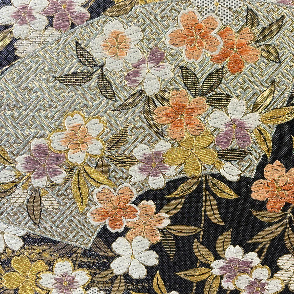 【美品】 袋帶 秀品級 扇子面 櫻花 刺繡 金銀彩 紫 六通 純蠶絲