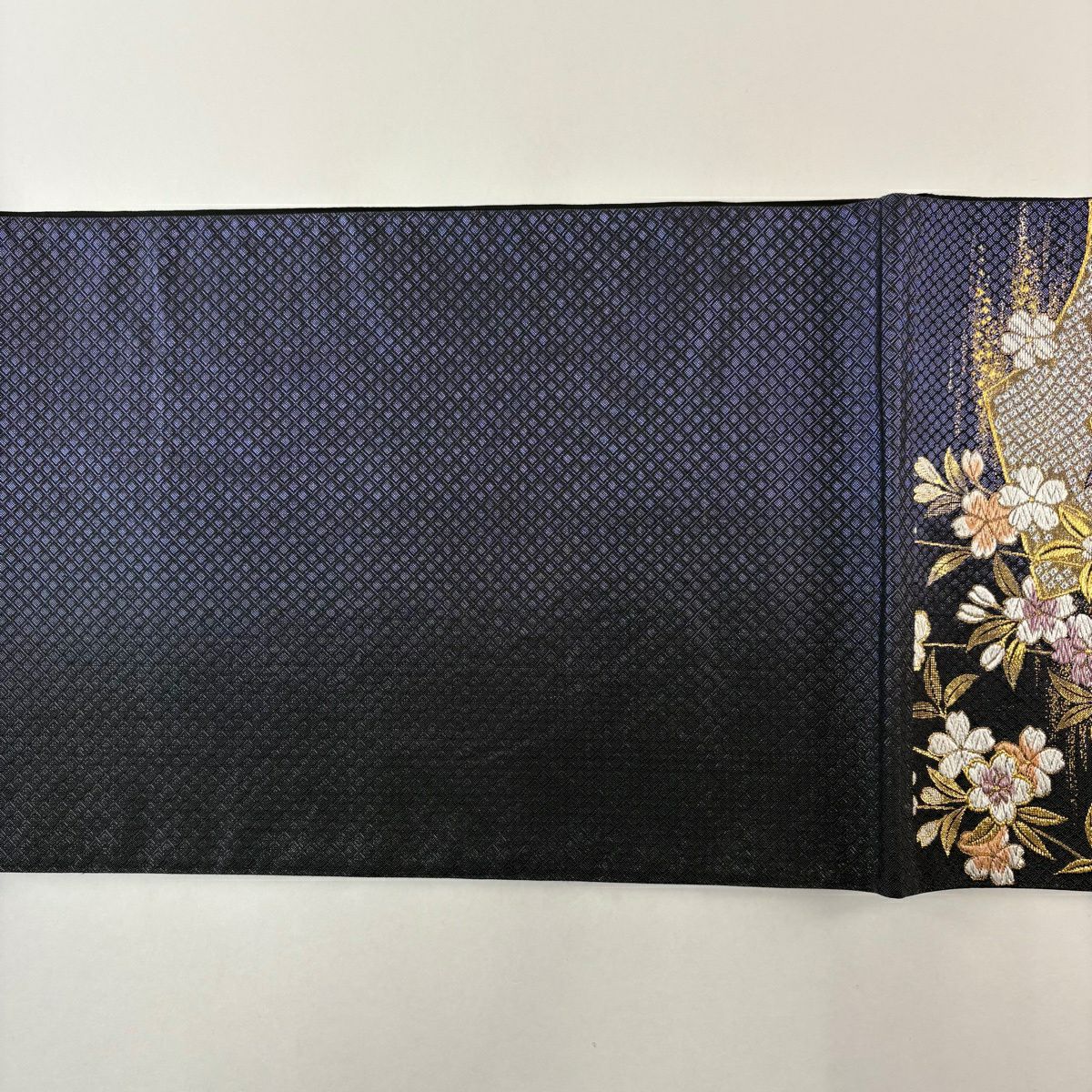 【美品】 袋帶 秀品級 扇子面 櫻花 刺繡 金銀彩 紫 六通 純蠶絲