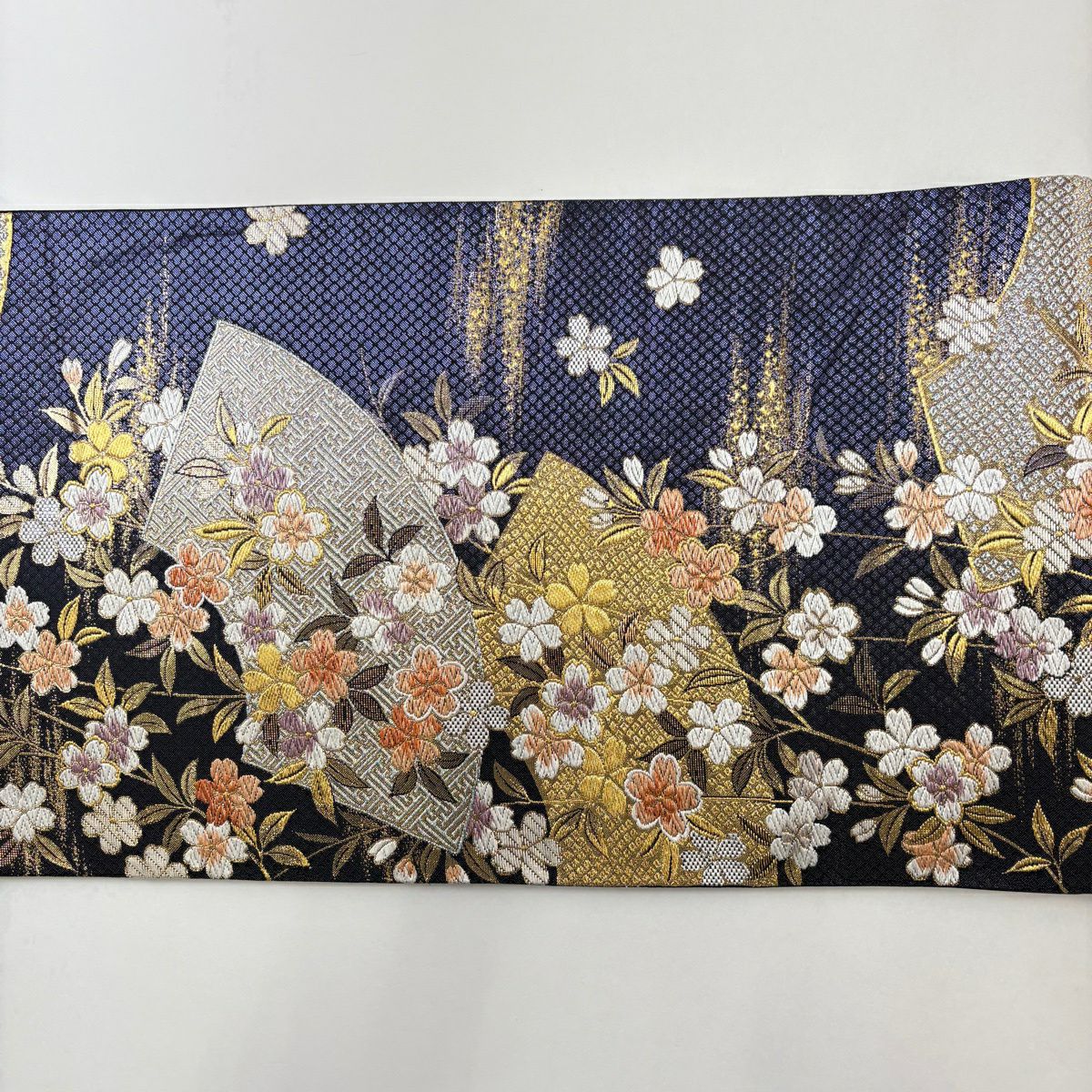 【美品】 袋帶 秀品級 扇子面 櫻花 刺繡 金銀彩 紫 六通 純蠶絲