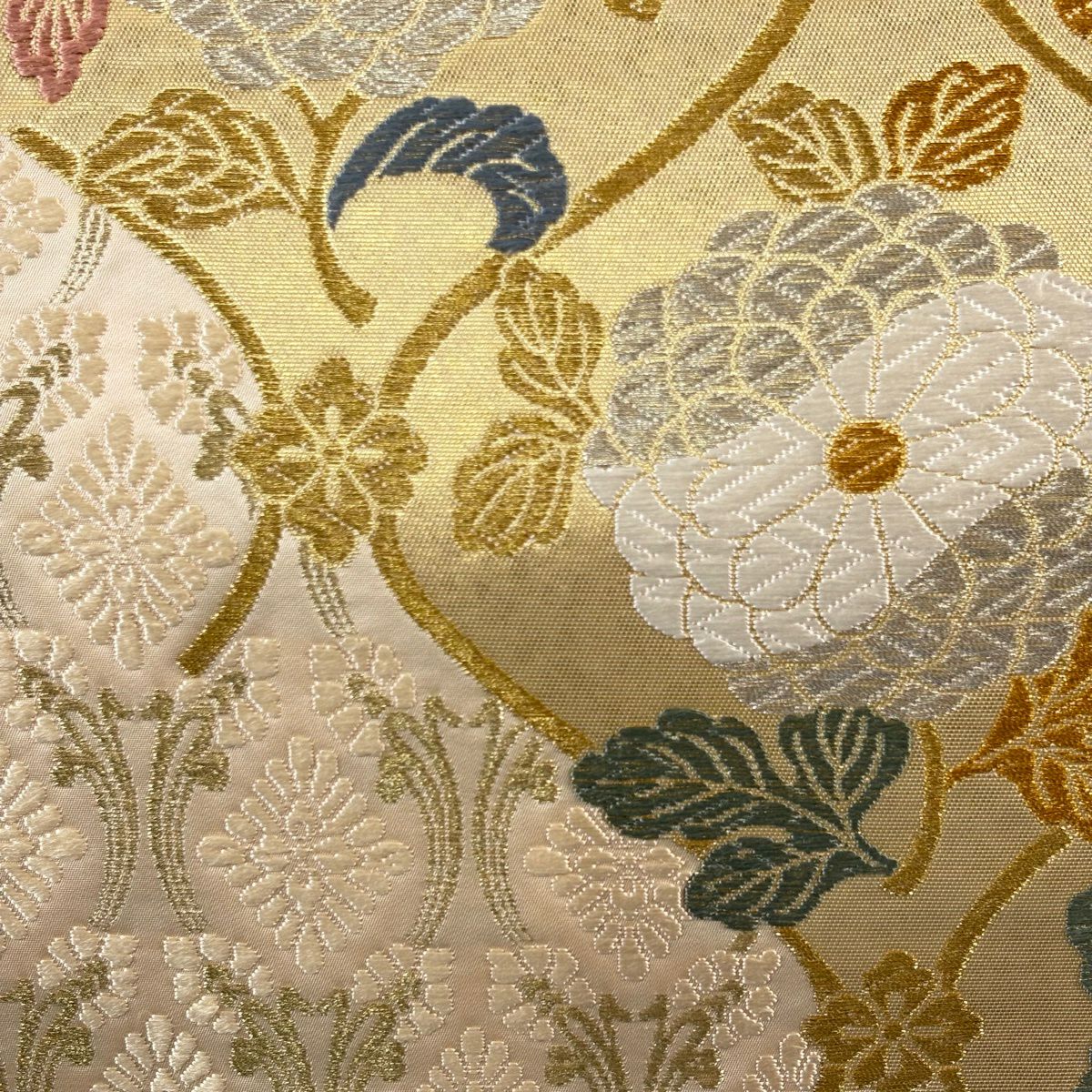 【美品】 袋帶 秀品級 菊花 金銀彩 金色 六通 純蠶絲