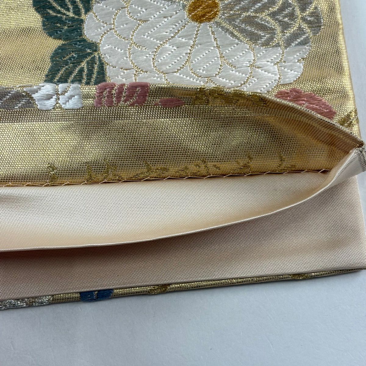 【美品】 袋帶 秀品級 菊花 金銀彩 金色 六通 純蠶絲