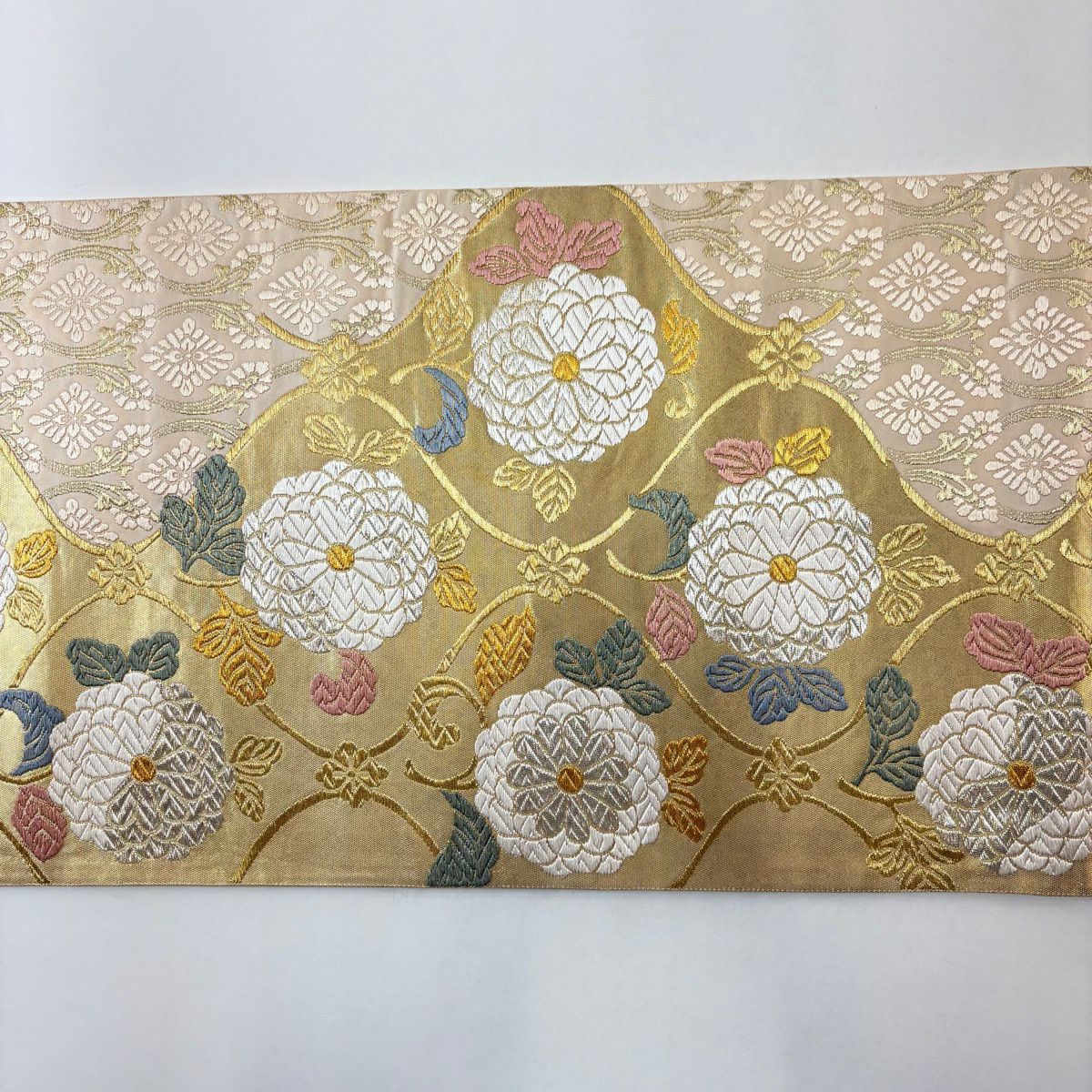 【美品】 袋帶 秀品級 菊花 金銀彩 金色 六通 純蠶絲