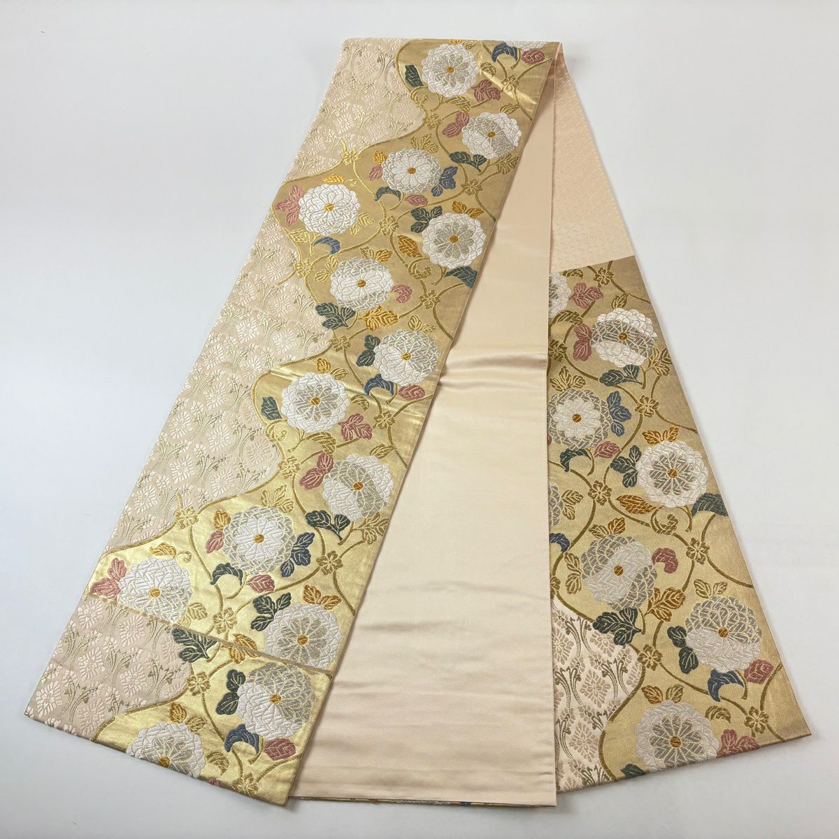 【美品】 袋帶 秀品級 菊花 金銀彩 金色 六通 純蠶絲
