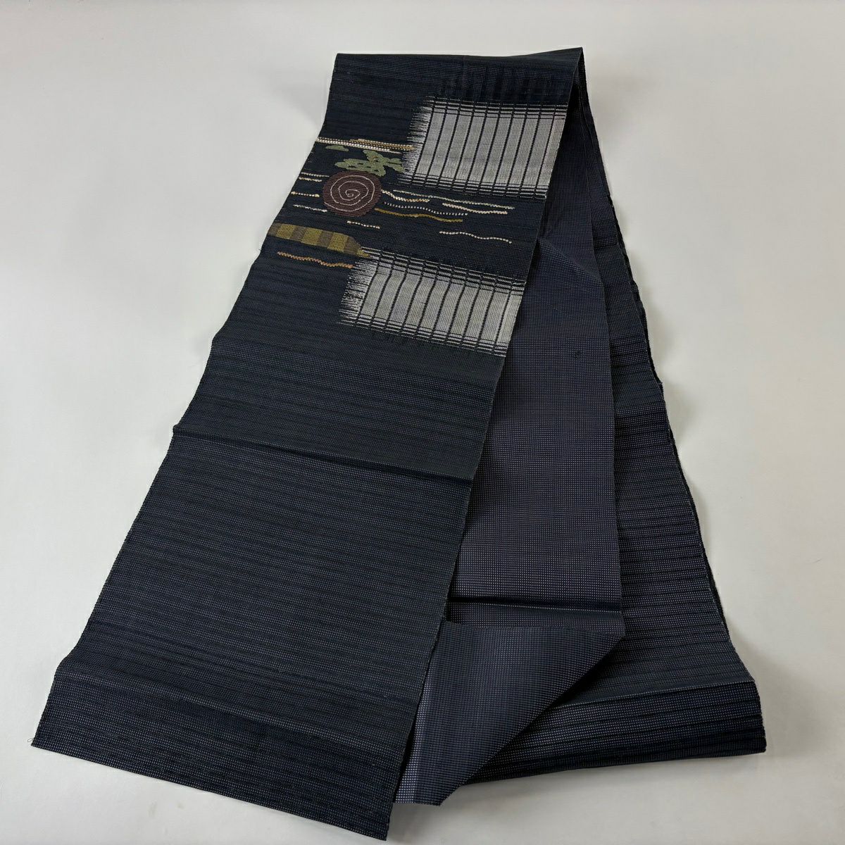 名古屋帶 秀品級 夏帶 八寸名古屋帶 松樹葉仕立 縞 幾何學 灰紫 純蠶絲