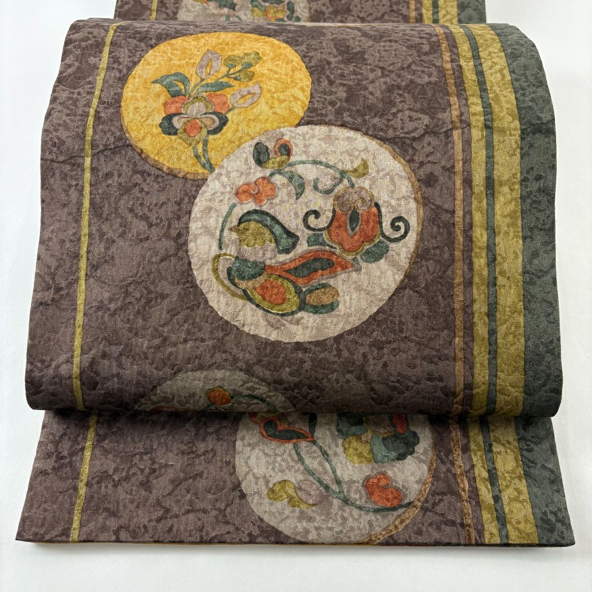 【美品】 袋帶 秀品級 花鳥 圓文 小豆 深紅色 全通 純蠶絲