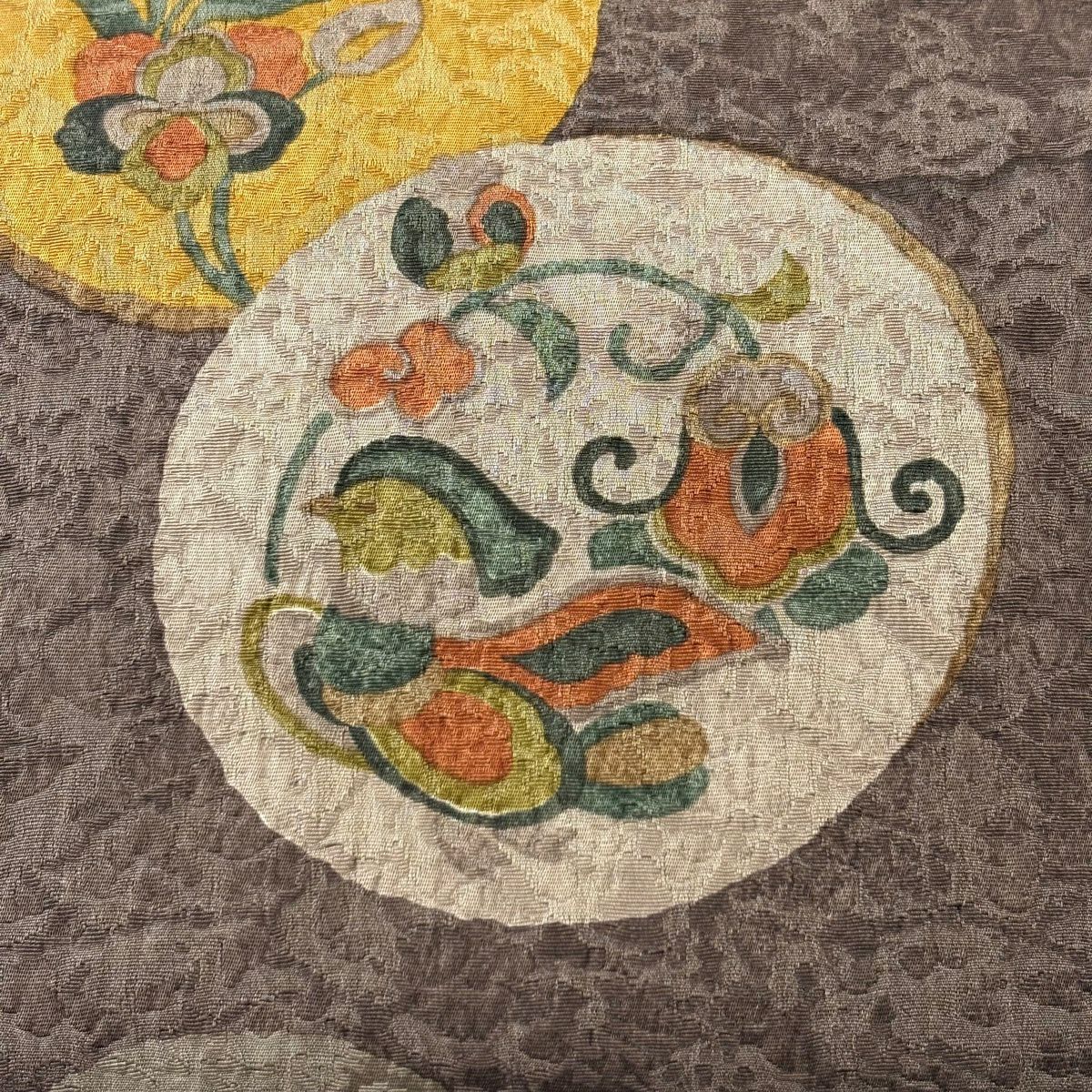 【美品】 袋帶 秀品級 花鳥 圓文 小豆 深紅色 全通 純蠶絲