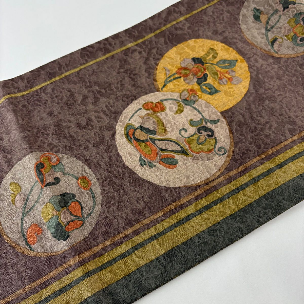 【美品】 袋帶 秀品級 花鳥 圓文 小豆 深紅色 全通 純蠶絲