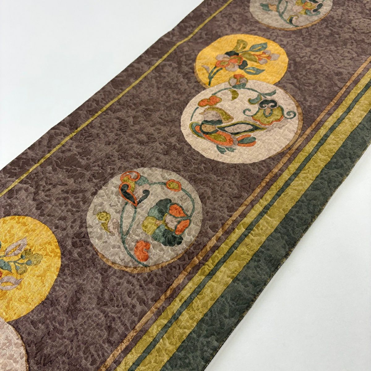 【美品】 袋帶 秀品級 花鳥 圓文 小豆 深紅色 全通 純蠶絲