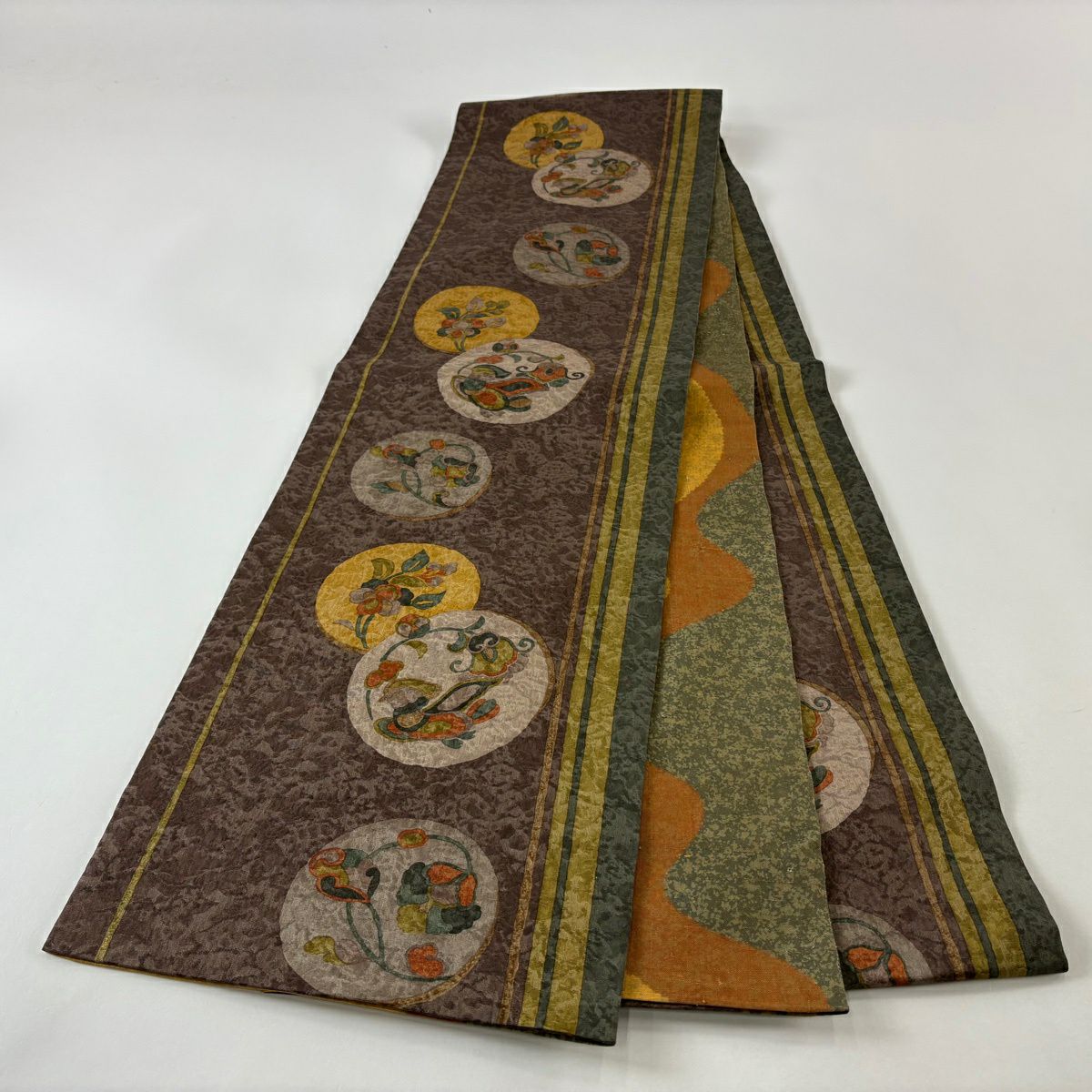 【美品】 袋帶 秀品級 花鳥 圓文 小豆 深紅色 全通 純蠶絲