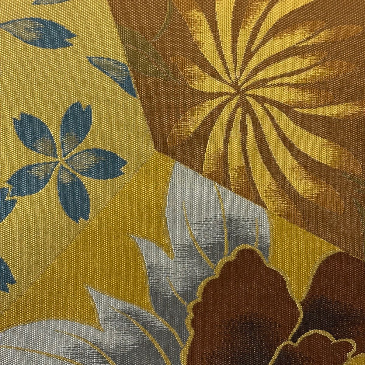 【美品】 袋帶 秀品級 牡丹 櫻花 金糸 芥末色 六通 純蠶絲