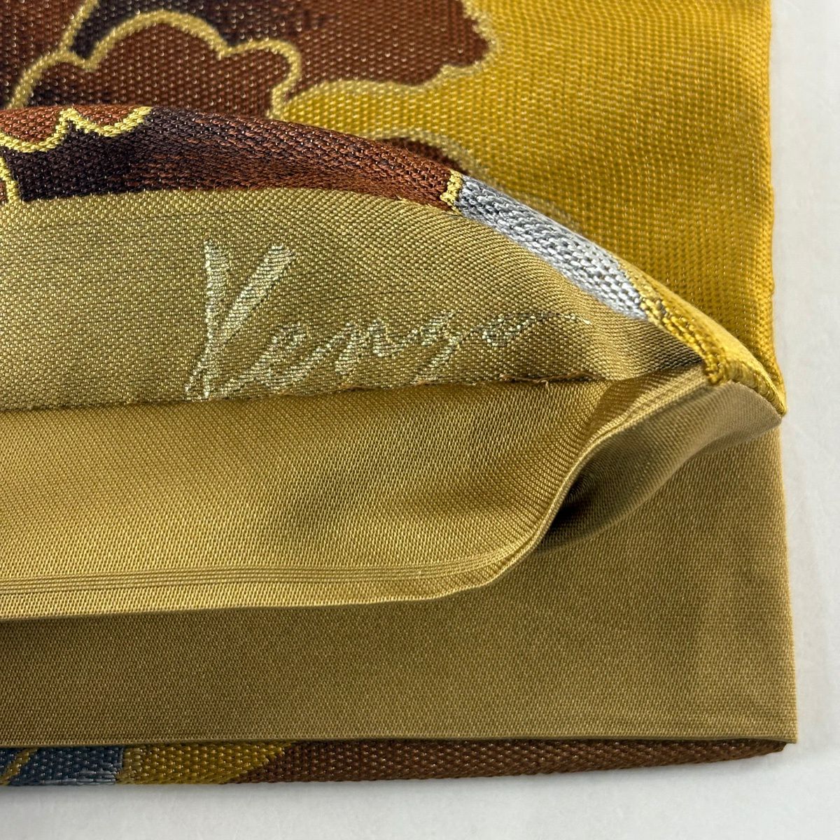 【美品】 袋帶 秀品級 牡丹 櫻花 金糸 芥末色 六通 純蠶絲