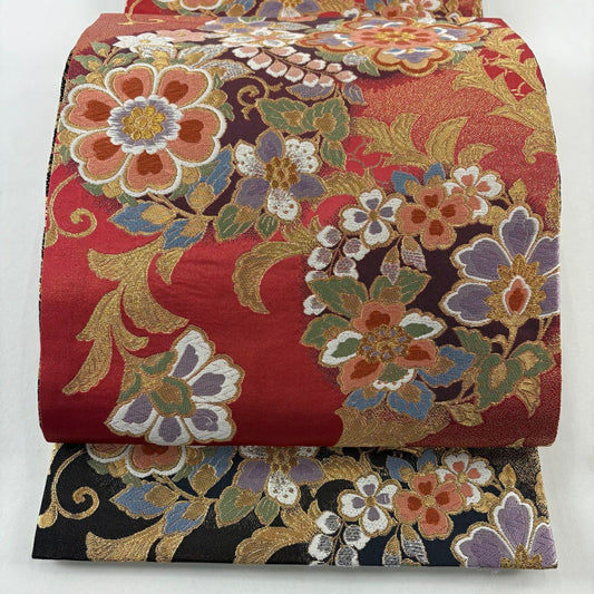 袋帶 秀品級 三色染 振袖禮服禮服用 華紋 草花紋紋 唐織 金金箔 紅 六通 純蠶絲
