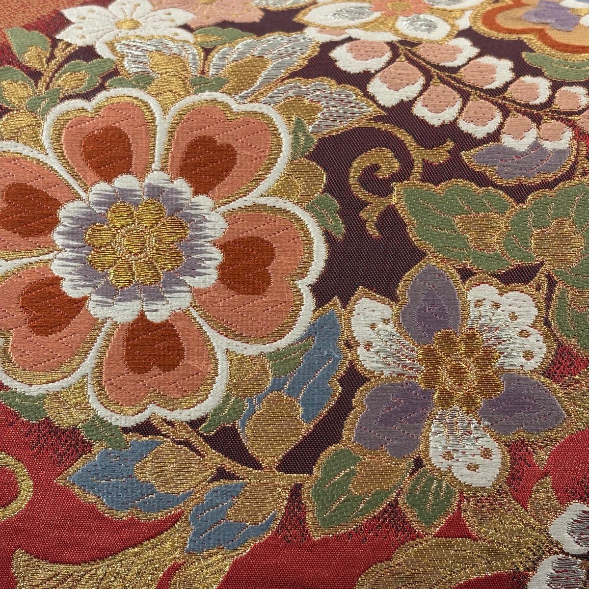袋帶 秀品級 三色染 振袖禮服禮服用 華紋 草花紋紋 唐織 金金箔 紅 六通 純蠶絲