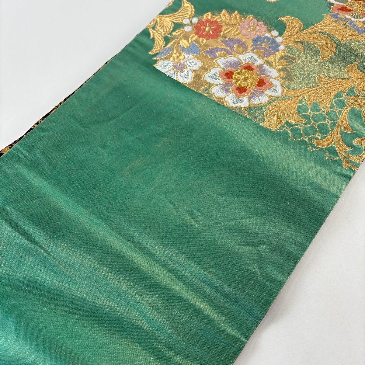 袋帶 秀品級 三色染 振袖禮服禮服用 華紋 草花紋紋 唐織 金金箔 紅 六通 純蠶絲