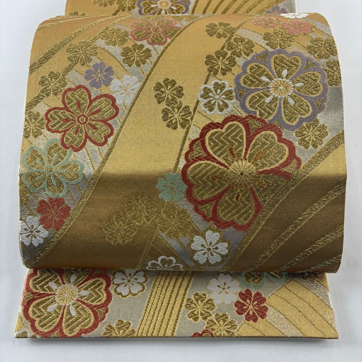 【美品】 袋帶 秀品級 櫻花 幾何學 唐織 金金箔 金色 六通 純蠶絲