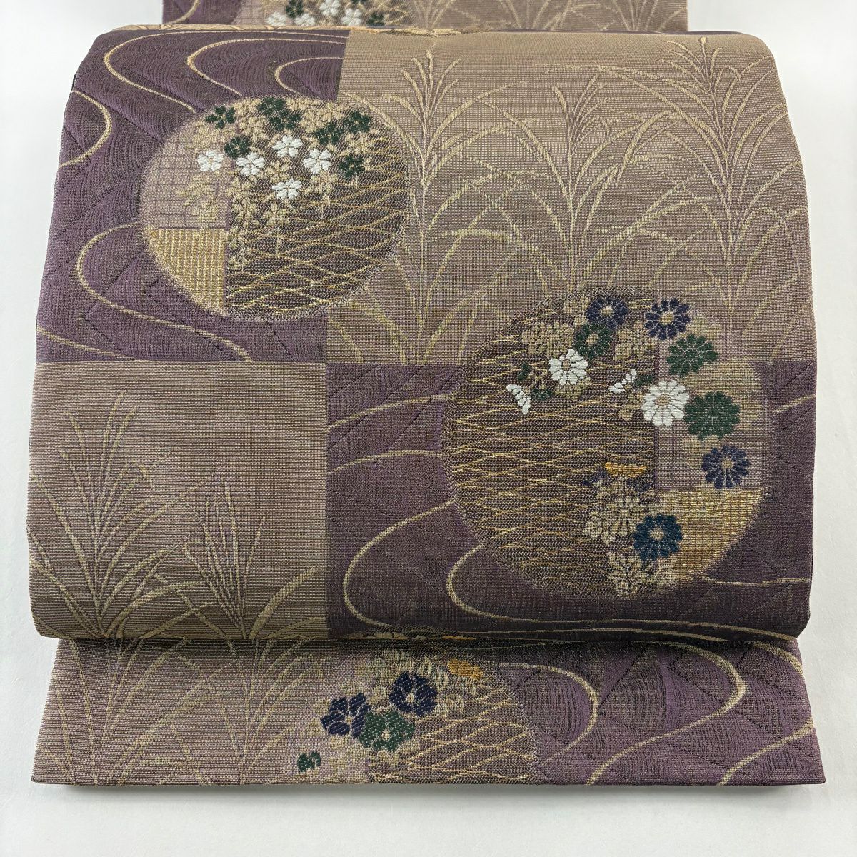 【美品】 袋帶 秀品級 草花紋紋 流水 金絲 金金箔 紫 六通 純蠶絲