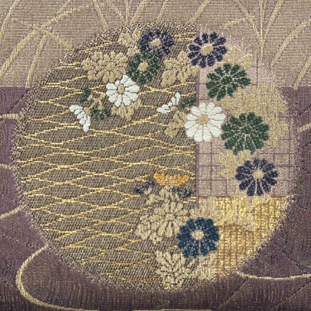 【美品】 袋帶 秀品級 草花紋紋 流水 金絲 金金箔 紫 六通 純蠶絲