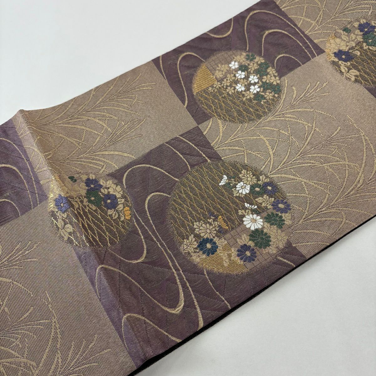 【美品】 袋帶 秀品級 草花紋紋 流水 金絲 金金箔 紫 六通 純蠶絲