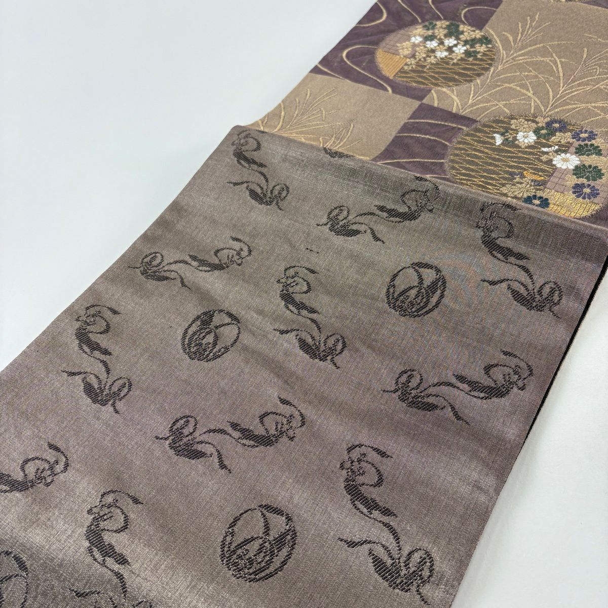 【美品】 袋帶 秀品級 草花紋紋 流水 金絲 金金箔 紫 六通 純蠶絲