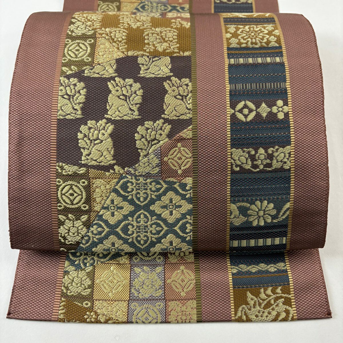 【美品】 名古屋帶 秀品級 八寸名古屋帶 松樹葉仕立 花兔 花菱 唐織 紅紫 純蠶絲
