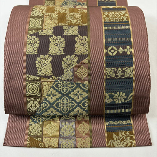 【美品】 名古屋帶 秀品級 八寸名古屋帶 松樹葉仕立 花兔 花菱 唐織 紅紫 純蠶絲