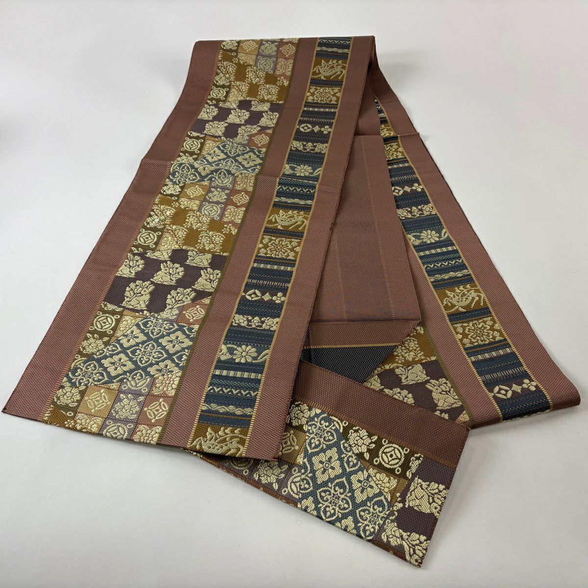 【美品】 名古屋帶 秀品級 八寸名古屋帶 松樹葉仕立 花兔 花菱 唐織 紅紫 純蠶絲
