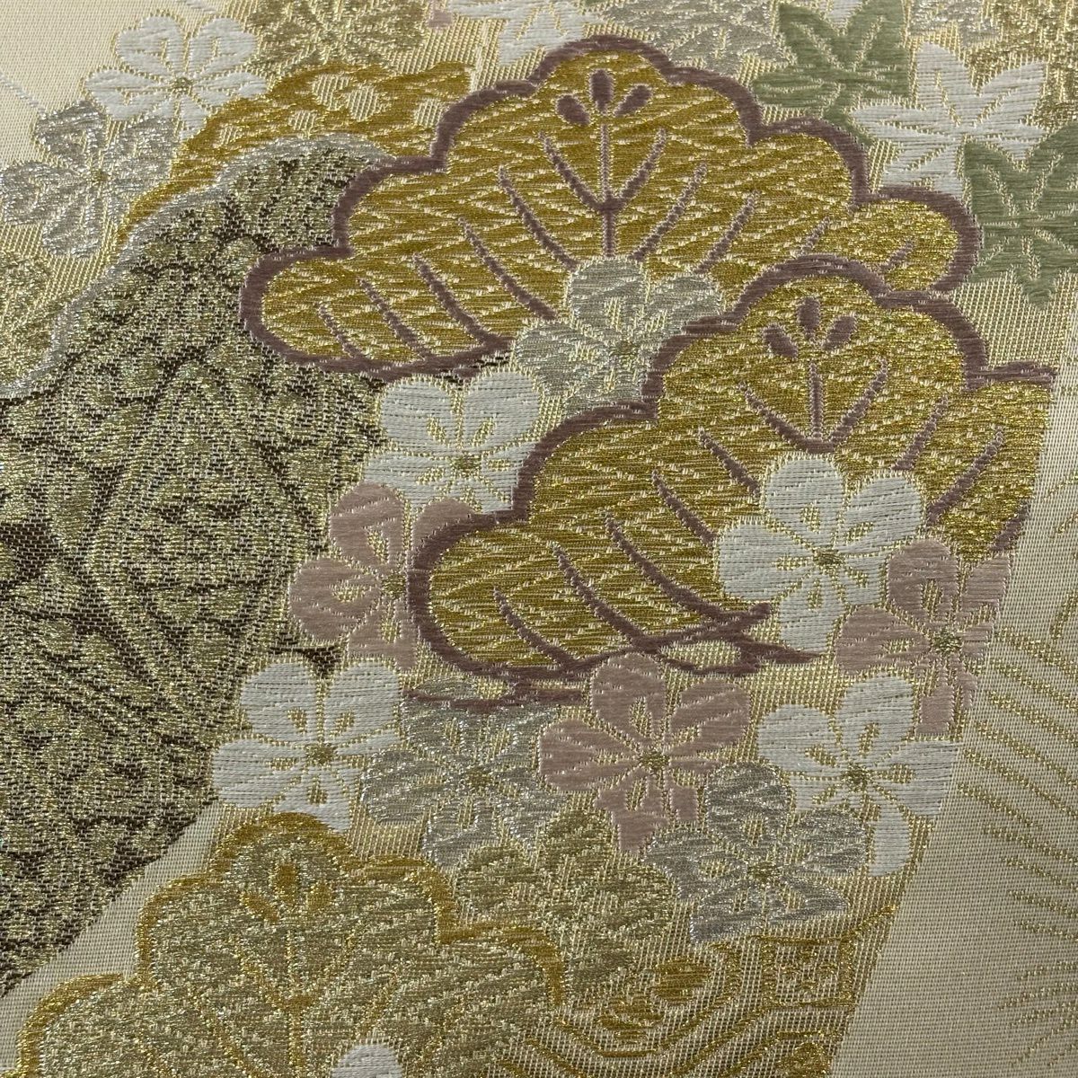 袋帶 秀品級 松樹梅花 蜀江文 唐織 金金箔 米色 六通 純蠶絲