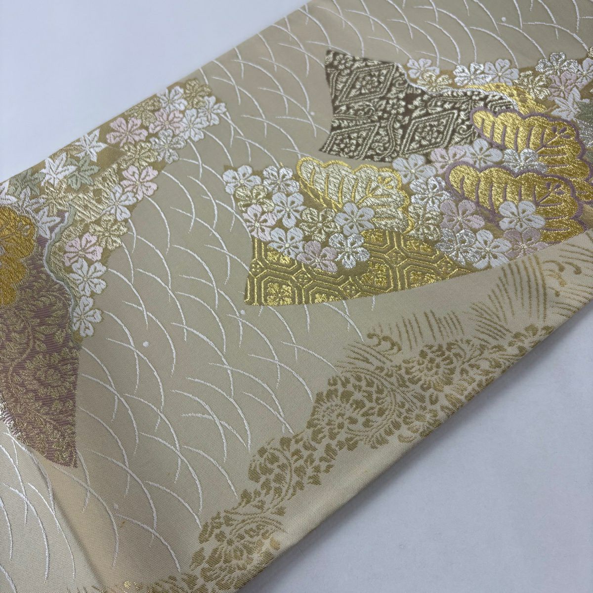 袋帶 秀品級 松樹梅花 蜀江文 唐織 金金箔 米色 六通 純蠶絲