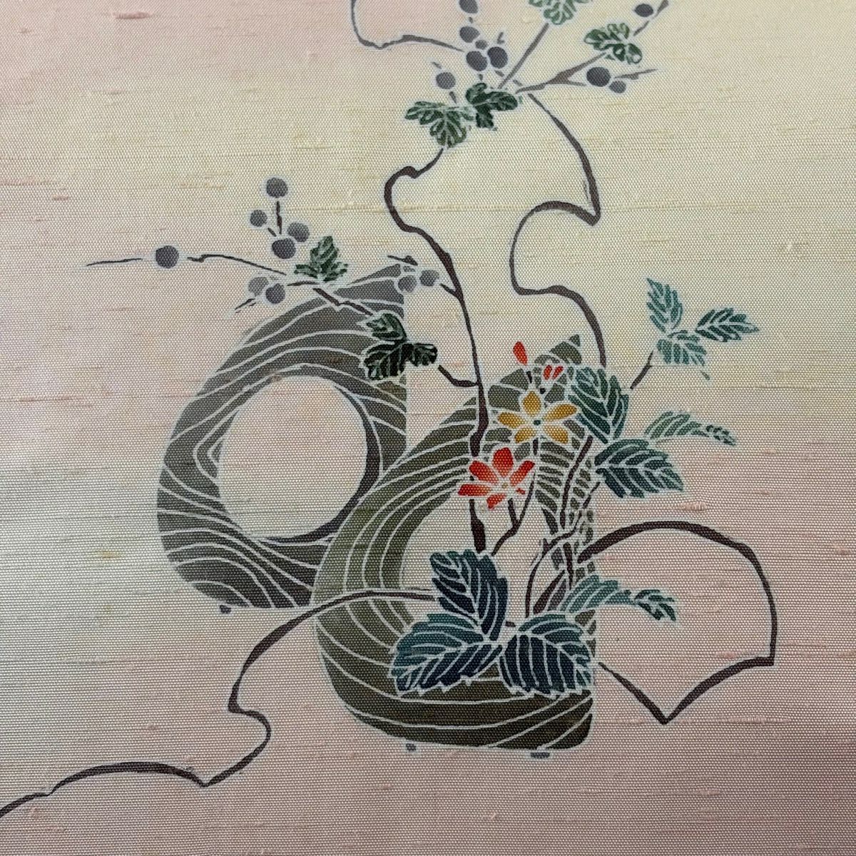 名古屋帶 秀品級 紬織織 雙層 草花紋 葉與果 薄粉紅 純蠶絲