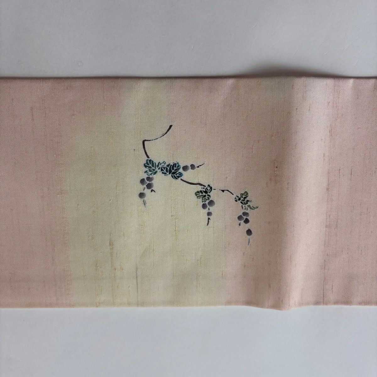 名古屋帶 秀品級 紬織織 雙層 草花紋 葉與果 薄粉紅 純蠶絲