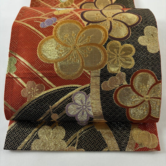 【美品】 袋帶 優品級 振袖禮服禮服用 梅花 菱 金絲 金金箔 朱紅 六通 純蠶絲