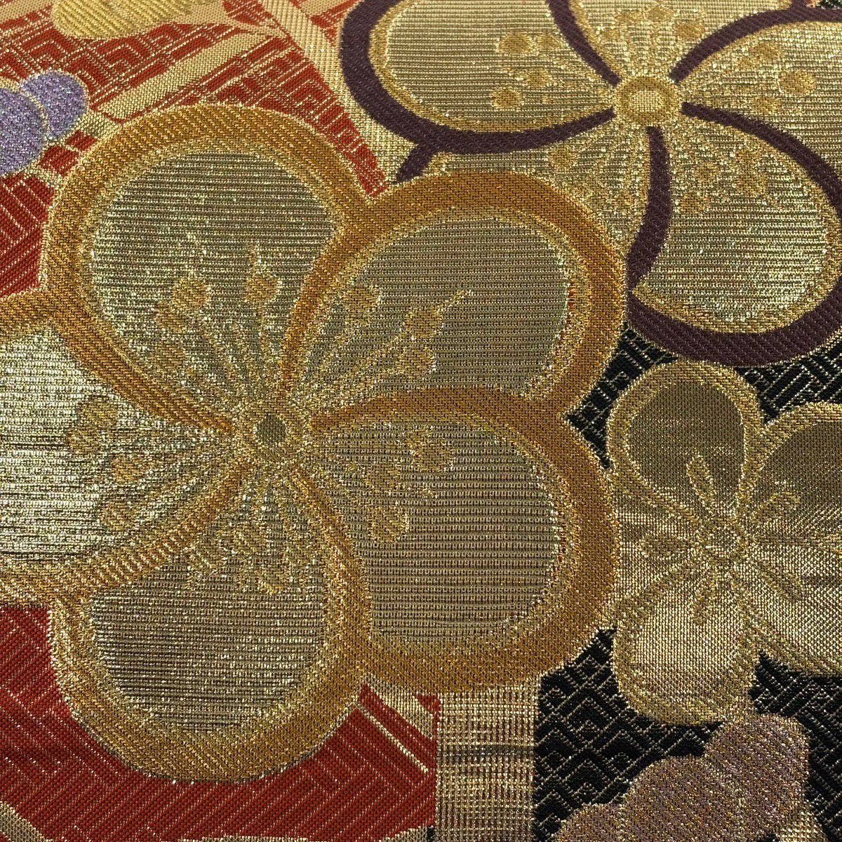 【美品】 袋帶 優品級 振袖禮服禮服用 梅花 菱 金絲 金金箔 朱紅 六通 純蠶絲